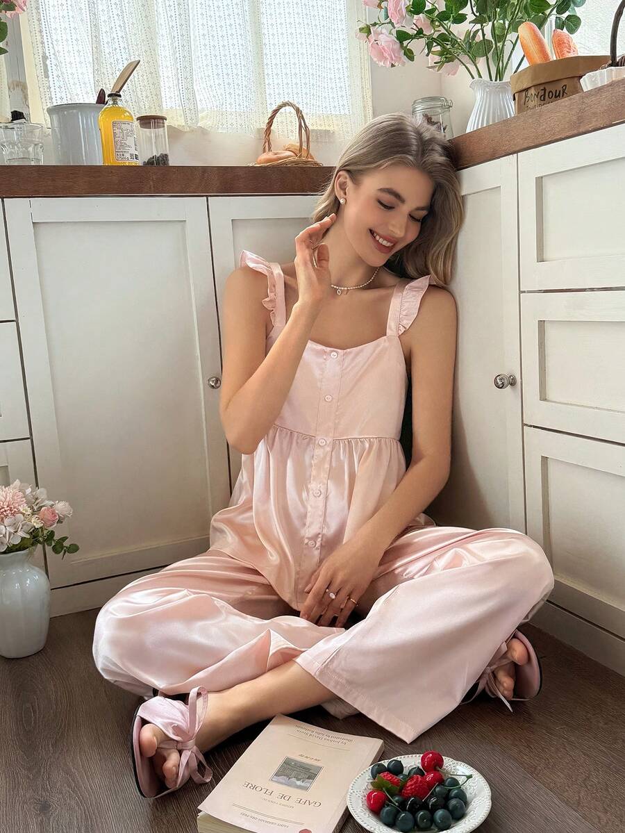Snug Reverie Women's Satin Ruffle Trim Camisole & Wide Leg Pants Pajama Set, Front Button Closure Waist, Ice Silk Sleepwear 2pcs - Coral Pink - View 1