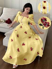 Modelyn 方領刺繡花卉收腰泡泡袖女款洋裝，春/夏 - 黃色 - 查看 1