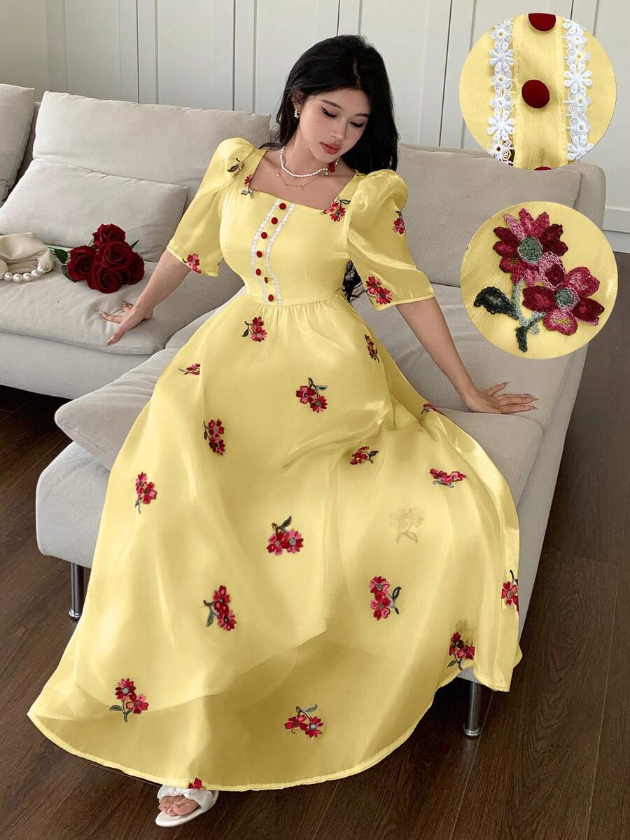 Modelyn 方領刺繡花卉收腰泡泡袖女款洋裝,春/夏 - 黃色 - 查看 1