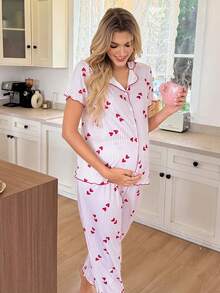 SHEIN 红白条纹爱心印花翻领开衫家居服套装，孕妇睡衣 - 彩色 - 查看 4
