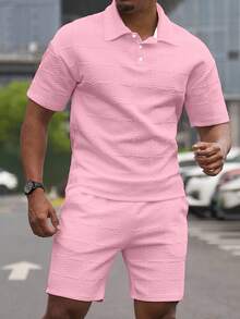 Manfinity Homme 男士休閒 Polo 衫與短褲套裝，極簡風格日常穿著，夏季兩件式綠色布料休閒套裝，不對稱剪裁 - 粉色 - 查看 3