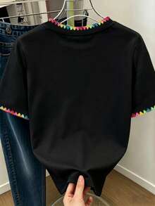 Teen Girls Black Summer Casual School Cute Multicolor Shell Embroidered Floral Graphic Loose Round Neck Short Sleeve T-Shirt,Colorful Shell Trim - Black - View 2