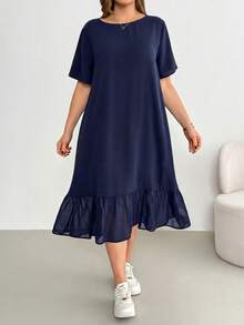 Shapeblank Plus-Size Women's Spring/Summer Fashion Casual Loose Comfortable Everyday Basic Versatile Slimming Black Short-Sleeved Chiffon Patchwork Mid-Length Dress,Summer Outfits,Pocket Dress,Simple Style - Navy Blue - View 5