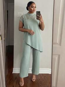 SHEIN Lady CURVE 大码女式撞色蕾丝不对称下摆上衣和裤子优雅两件套 - 綠色 - 查看 4
