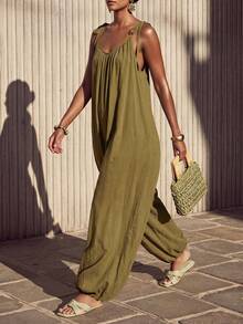 Zivah Loose Olive Green Summmer Boho Beach Vacation Holiday Jumpsuit For Women,Textured Suspender Wide-Leg Lantern Flower Tulip Modern High-Street Casual-A - Mustard Yellow - View 9