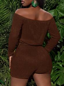 Slaydiva Bộ jumpsuit nữ mùa xuân hè mới, kiểu dáng thường ngày, tay dài lệch vai, tay raglan, phần thân trên rộng rãi, quần short ôm sát, dây buộc eo, vải dệt kim kẻ sọc dọc màu cam. - Màu nâu  Mocha - Xem 2