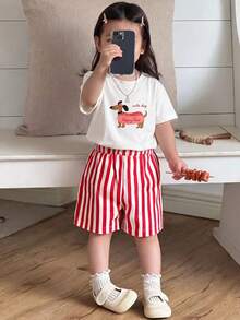 SHEIN Bộ 2 món cho bé gái sơ sinh/trẻ nhỏ 0-3 tuổi, họa tiết chó xúc xích, cổ tròn và quần short kẻ sọc hồng, thích hợp mặc hàng ngày, mùa xuân/hè. - Đỏ - Xem 1