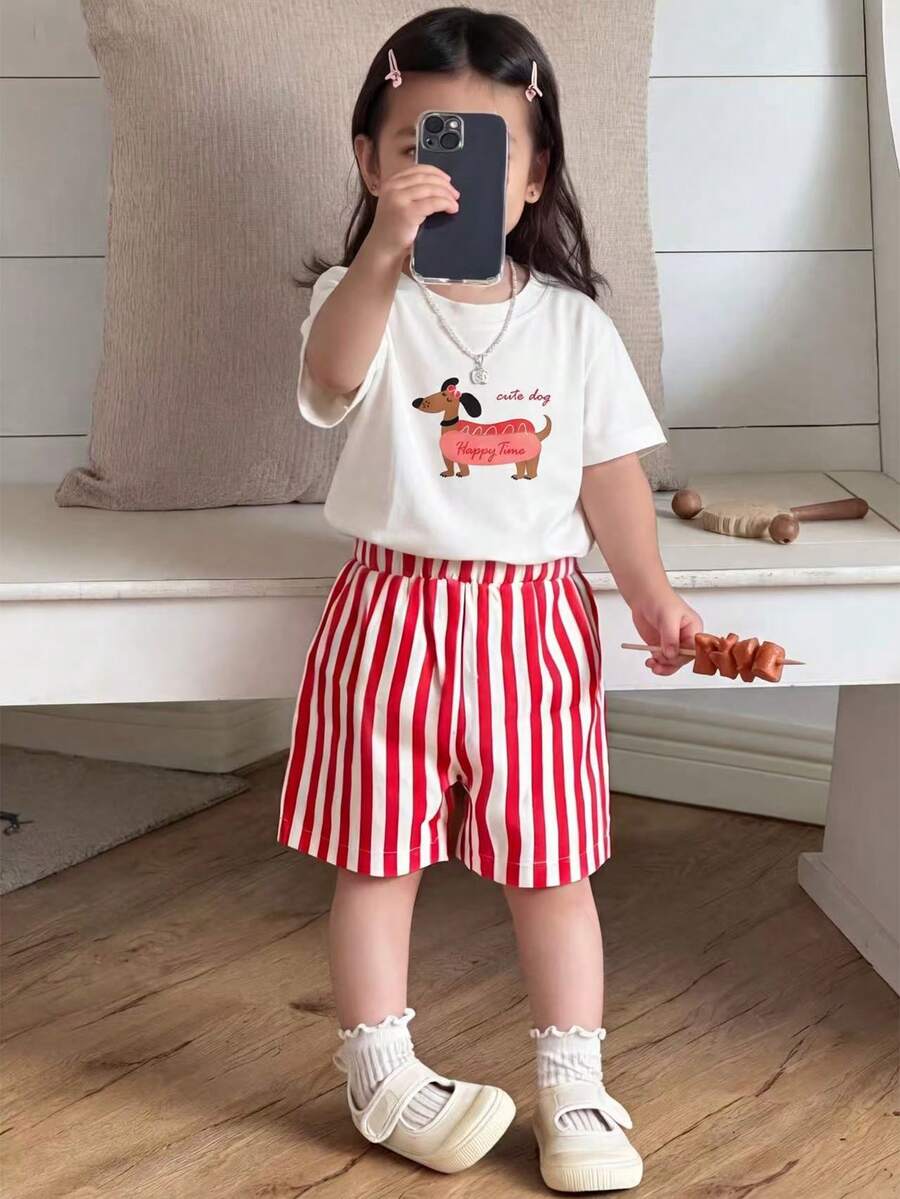 SHEIN Bộ 2 món cho bé gái sơ sinh/trẻ nhỏ 0-3 tuổi, họa tiết chó xúc xích, cổ tròn và quần short kẻ sọc hồng, thích hợp mặc hàng ngày, mùa xuân/hè. - Đỏ - Xem 1