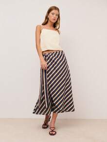Nöista Diagonal Striped Wrap Midi Skirt With Side Tie Fastening And Asymmetric Hem.Flowy Silhouette A Flattering Drape, Perfect For Spring Summer - Blue - View 7