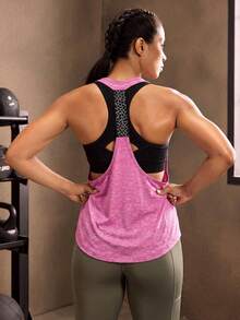 Powerista Tank Top Olahraga Kasual Wanita dengan Motif Geometris dan Patchwork - Hot Pink - View 3
