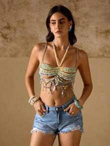 Femesol 1 chiếc áo croptop hai dây đính hạt cườm lãng mạn mùa hè, có thể điều chỉnh kích cỡ. - Nhiều màu - Xem 6