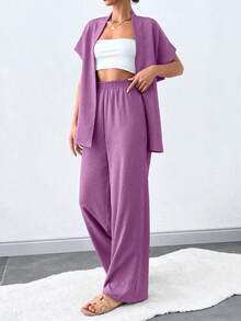 SHEIN Tall 女款純色蝙蝠袖繫帶上衣與寬腿褲套裝，適合高個女性 - 藕粉色 - 查看 3