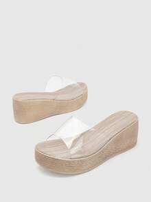 Glitzique Sandalias de cuña con suela gruesa, de tacón, de punta abierta y transparentes, cómodas y ligeras para mujer, esenciales para viajar - transparente - Ver 8