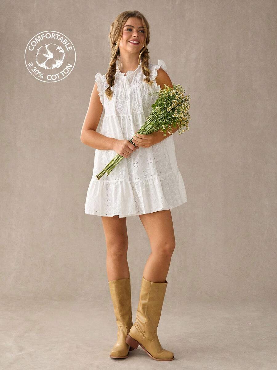 Women's Tiered Patchwork Eyelet Flutter Sleeve Country Ruffle Mini Dress - White - View 1