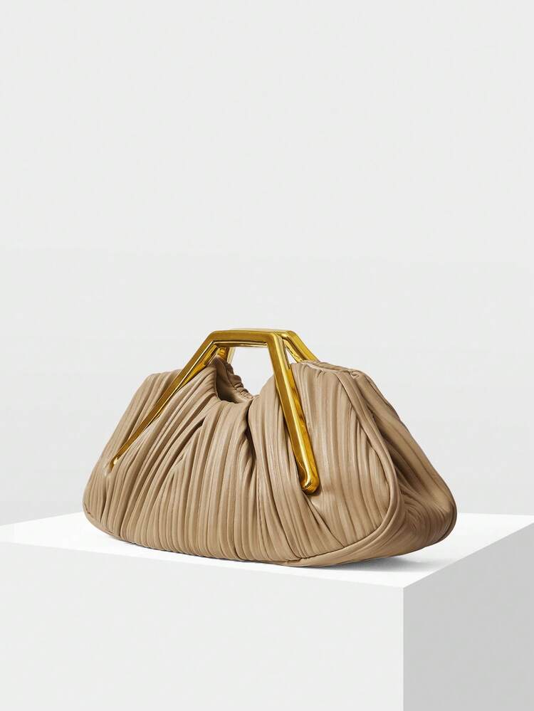 LADIES ELEGANT PLEATED HANDBAG, EXQUISITE HARDWARE HANDHELD, DATE COMMUTING VERSATILE