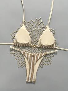 Swim Mod Women's Spring/Summer New Special Fabric Metal Decor V-Neck Halter Backless Triangle Top & Bikini Bottom Two Pieces Swimwear - Beige - View 2