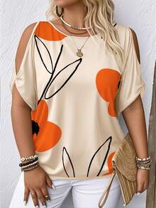 Breezaya Plus Size Vacation Style Plant Printed Open Shoulder T-Shirt For Casual Occasions Graphic Tees Women Tops  Butter Yellow - Multicolor - View 5