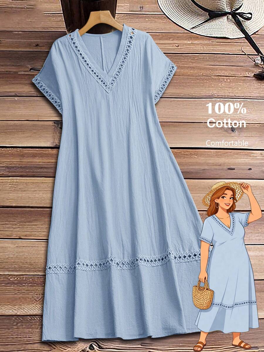 Rusticease Plus Size Women's Light Blue Summer Boho Beach Holiday Casual V-Neck Contrast Lace Loose Short Sleeve Solid Color Flowy Midi Dress,Spring Break Outfit - Baby Blue - View 1