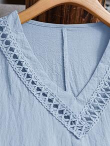 Rusticease Plus Size Women's Light Blue Summer Boho Beach Holiday Casual V-Neck Contrast Lace Loose Short Sleeve Solid Color Flowy Midi Dress,Spring Break Outfit - Baby Blue - View 4