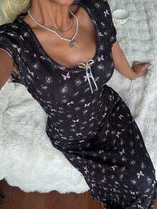 CottageSlumber Floral Bow Decor Fitted Dress For Women - Black - View 6