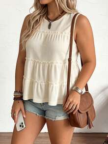 LanaWest CURVE Tank Top Kasual Tanpa Lengan Ukuran Besar Warna Polos Leher Bulat dengan Hem Berkerut - Aprikot - View 3
