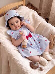 SHEIN Vintaside Kids Summer Newborn Baby Girl Apricot Round Neck Ruffle Cartoon Cherry Print Sleeveless Red Bow Dress With Red Hat Elegant And Cute - Blue - View 10
