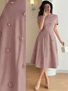 Modelyn Women's Elegant 3D Floral Decor Short Dress, Summer,Dresses For Women Summer - Dusty Pink - View 2