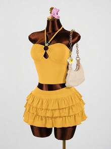 Lyxana Setelan Liburan Seksi Elegan, Atasan Model Halter Neck dengan Tali dan Rok 2 Potong - Kuning - View 6