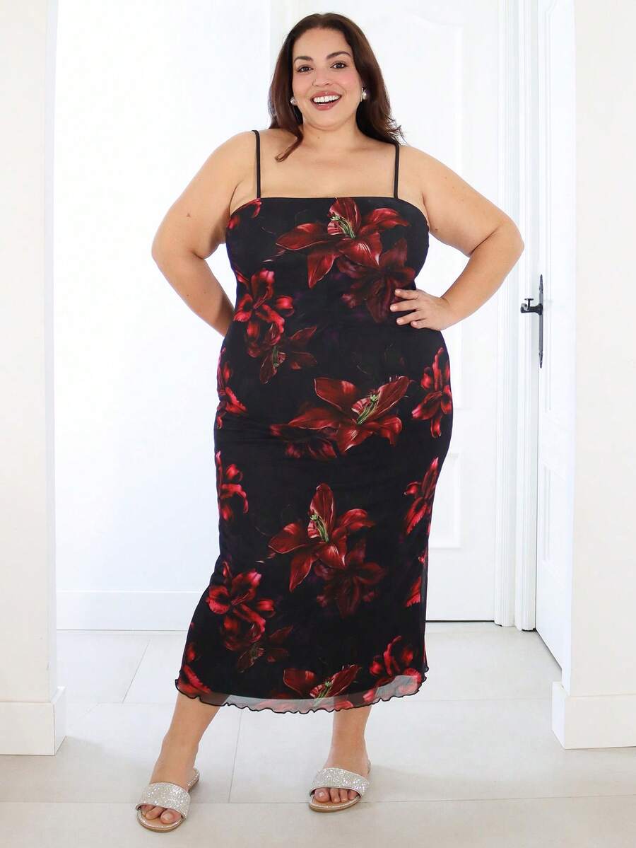 Pretty and Ole Plus Size Summer Vintage Black Placement Burgundy Floral Elegant Mesh Strap Dress, Vacation Outfit.. Plus Size Dresses Summer. Resort Dresses For Women,Beach Dress Sundress,Holiday Outfits Boho/Elegant Plus Size Floral Print Spaghetti Strap Long Dress For Women.Summer Outfits, Valentine's Day Outfits Party - Multicolor - View 1