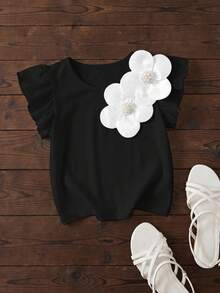 SHEIN Kaos Anak Perempuan Elegan dengan Hiasan Manik-Manik Bunga 3D, Musim Panas - Hitam - View 7