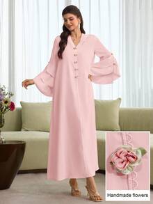 Al Najma Layered Floral Jacquard Hooded Cape With Ruffled Hem And Puff Sleeves, Elegant Robe - Pink - View 9