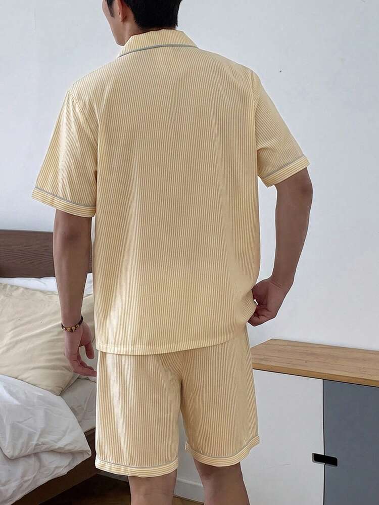 Short Sleeve Shirt And Shorts Set, Pale Yellow Striped Men's Loungewear