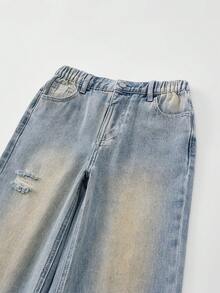 SHEIN Streecool 少女复古水洗宽松牛仔裤，松紧腰带配单扣装饰，纯棉面料柔软舒适，直筒宽松裤型，适合度假、音乐节、上学、通勤、派对等各种场合。 - 中等水洗藍 - 查看 6