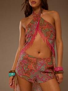 MUSERA Shorts mini de cintura baja estampados, sexys y lindos, estilo boho para vacaciones de verano, playa y festivales - Multicolor - Ver 4