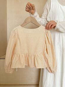 SHEIN LMoss Kids Young Girl Woven Striped Puff Sleeve Loose Casual Shirt - Yellow - View 2