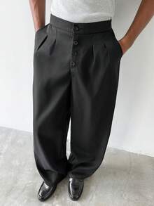 STYNVO Men's Solid Color Button Front Casual Straight Leg Pants - Black - View 6