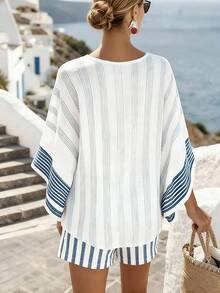 SHEIN Holidaya Bộ đồ hai mảnh bằng vải lanh kẻ sọc xanh trắng thoáng mát mùa hè dành cho nữ, áo tay cánh dơi rộng và quần short, trang phục thường ngày giúp tôn dáng. - Xanh và trắng - Xem 2
