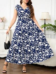 Reflora Plus Size Floral Print V-Neck Ruffle Hem Sleeveless Dress - Multicolor - View 4
