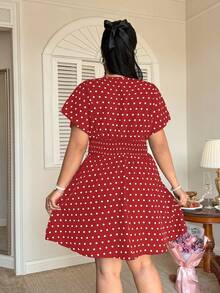 FleurLily Plus Size Elegant Raglan Waist Polka Dot Dress - Red - View 2