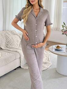 Moonlight&Mama Bộ đồ mặc nhà cho bà bầu kiểu dáng thường ngày, cổ áo, phối họa tiết, viền bèo nhún, gồm 2 món, dành cho nữ. - Màu nâu  Mocha - Xem 5
