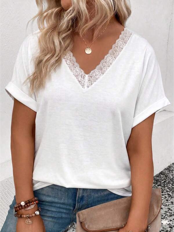 EMERY ROSE New Arrival Plus Size Women Casual White Lace Collar Patchwork V-Neck Short Sleeve T-Shirt