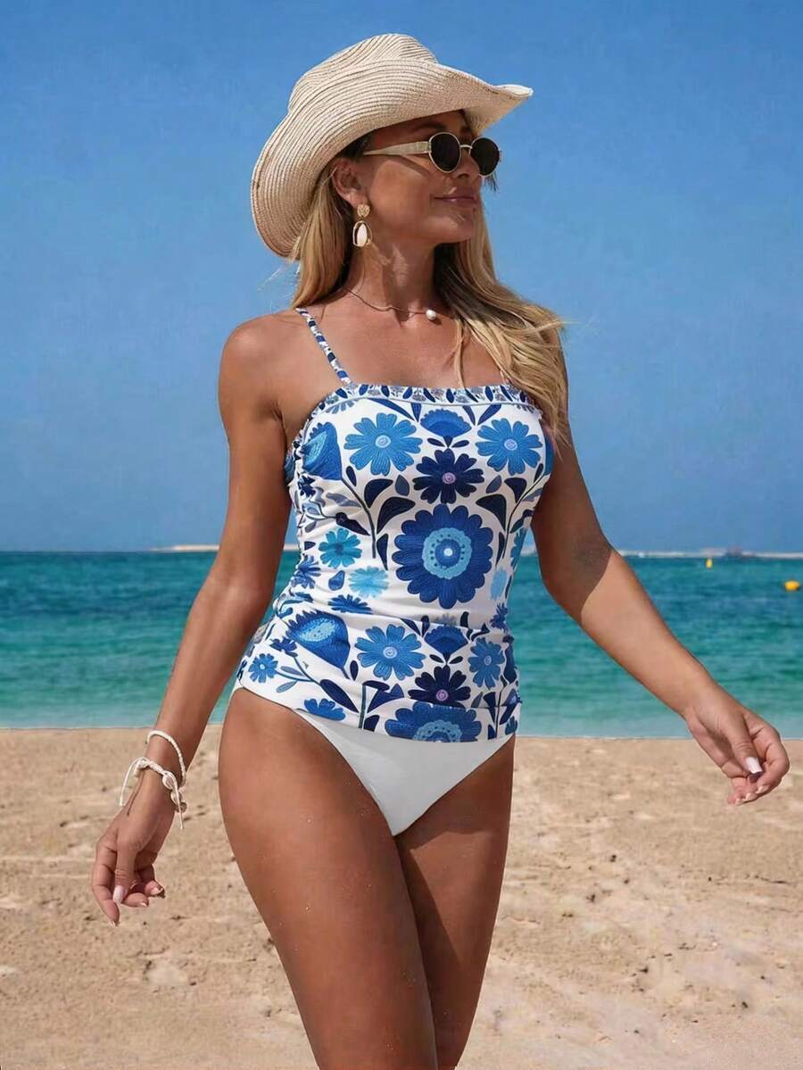 Swim Lushoire Bộ 2 áo tankini nữ in họa tiết hoa retro phong cách boho mùa hè, thích hợp đi biển. - Màu xanh lam - Xem 1