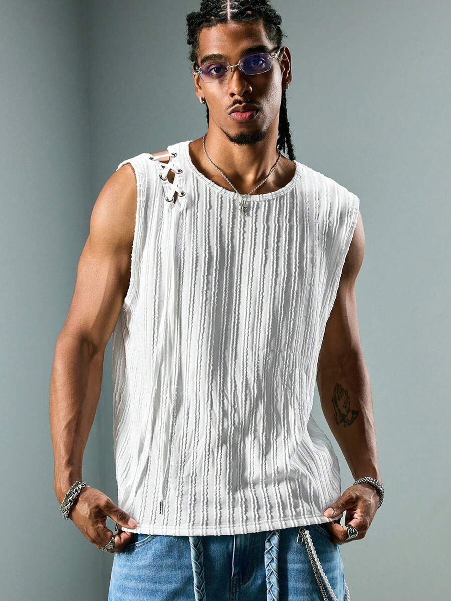 ROMWE MEN Áo tank top nam dây chéo, kiểu dáng thường ngày, thích hợp cho mùa xuân/hè. - trắng - Xem 1