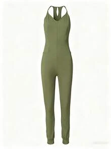 EMERY ROSE Sleeveless Solid Color Halter Jumpsuit, Casual For Summer - Green - View 5