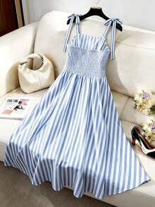 GlowEve Women's Summer Vacation Floral Patchwork Striped Bow Tie Spaghetti Strap Mid-Length Dress - Blue and White - View 2