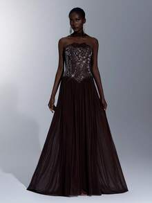 Elitara Elegant Minimalist Asymmetric Pleated Rhinestone Embellished Sexy Ruffle Hem Strapless Maxi Dress (Detachable Strapless), Formal Evening Gown - Coffee Brown - View 5