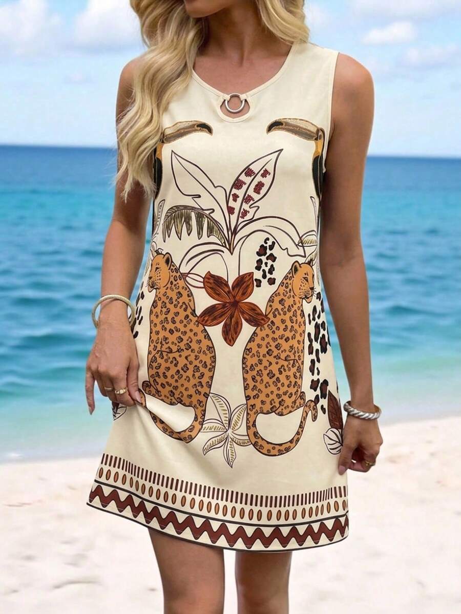 SHEIN LUNE Vestido corto sin mangas con estampado minimalista para mujer - Multicolor - Ver 1