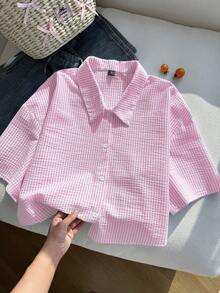 Comfortcana Plus Size Women Plaid Drop Shoulder Single-Breasted Casual Shirt - Pink - View 4