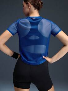 Powerista Women's Mesh Short Sleeve Casual Fitness Workout T-Shirt - Royal Blue - View 3