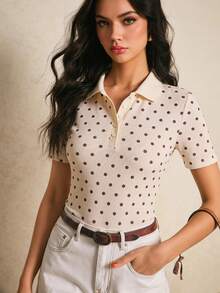 Poéselle Polka Dot Print Polo Collar Women T-Shirt - Apricot - View 8